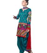 Blue Embroidered Crepe semi stitched sawlar with dupatta