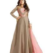 Brown Embroidered Dupion Silk semi stitched sawlar with dupatta