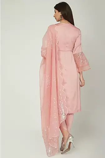 Show Shaa SIDE PLEATED ANARKALI with floral embroided yoke and ORGANZA BELL SLEEVES, accompanied by DHOTI PANTS
