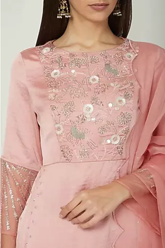 Show Shaa SIDE PLEATED ANARKALI with floral embroided yoke and ORGANZA BELL SLEEVES, accompanied by DHOTI PANTS