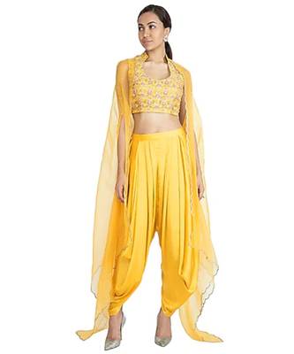 Show Shaa YELLOW Floral  embroided CROP TOP & DHOTI PANT accompanied by Organza Overall 1
