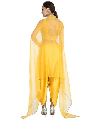 Show Shaa YELLOW Floral  embroided CROP TOP & DHOTI PANT accompanied by Organza Overall 2