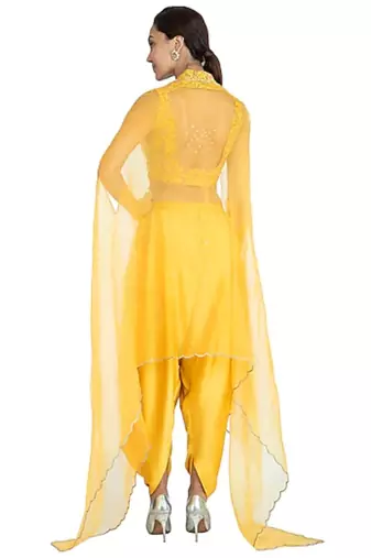 Show Shaa YELLOW Floral  embroided CROP TOP & DHOTI PANT accompanied by Organza Overall