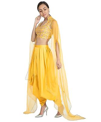 Show Shaa YELLOW Floral  embroided CROP TOP & DHOTI PANT accompanied by Organza Overall 3