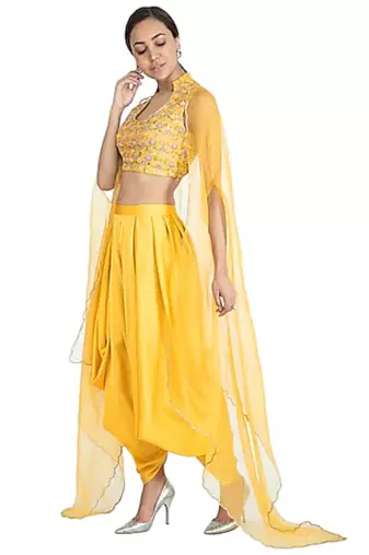 Show Shaa YELLOW Floral  embroided CROP TOP & DHOTI PANT accompanied by Organza Overall