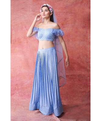 Show Shaa Ice Blue PRESS PLEATED SKIRT WITH RUFFLE SLEEVE CROP TOP 1
