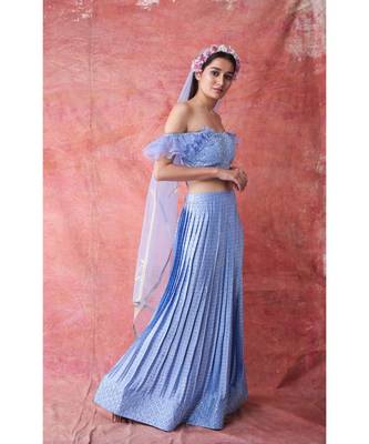 Show Shaa Ice Blue PRESS PLEATED SKIRT WITH RUFFLE SLEEVE CROP TOP 2