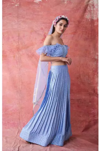 Show Shaa Ice Blue PRESS PLEATED SKIRT WITH RUFFLE SLEEVE CROP TOP