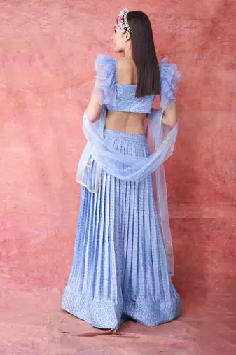 Show Shaa Ice Blue PRESS PLEATED SKIRT WITH RUFFLE SLEEVE CROP TOP