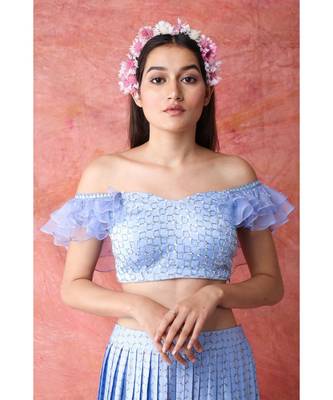 Show Shaa Ice Blue PRESS PLEATED SKIRT WITH RUFFLE SLEEVE CROP TOP 4