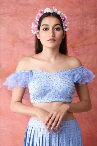 Show Shaa Ice Blue PRESS PLEATED SKIRT WITH RUFFLE SLEEVE CROP TOP