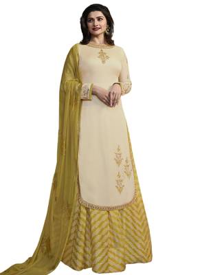 Cream Embroidered Georgette semi stitched sawlar with dupatta 1