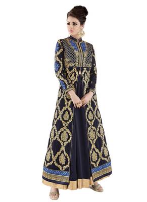 Dark blue Embroidered Dupion Silk semi stitched sawlar with dupatta 1