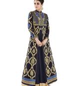 Dark blue Embroidered Dupion Silk semi stitched sawlar with dupatta