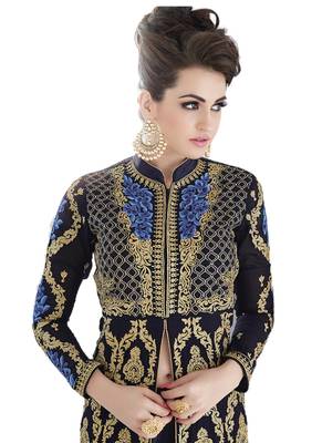 Dark blue Embroidered Dupion Silk semi stitched sawlar with dupatta 2