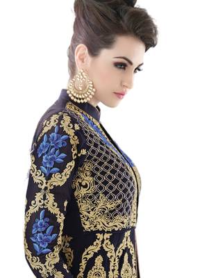 Dark blue Embroidered Dupion Silk semi stitched sawlar with dupatta 3