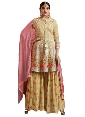 Gold Embroidered Net semi stitched sawlar with dupatta 1