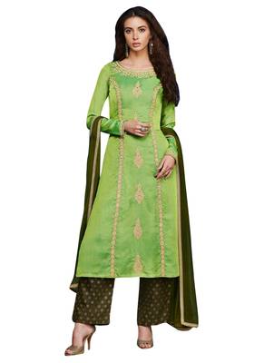 Green Embroidered art silk semi stitched sawlar with dupatta 1