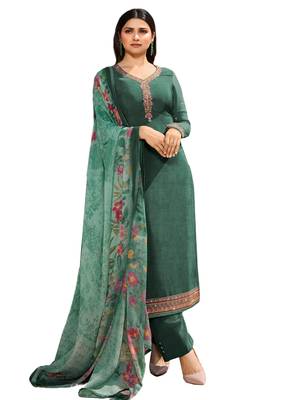 Green Embroidered Crepe semi stitched sawlar with dupatta 1