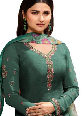 Green Embroidered Crepe semi stitched sawlar with dupatta 3
