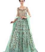 Green Embroidered Net semi stitched sawlar with dupatta