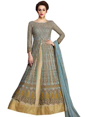 Grey Embroidered Net semi stitched sawlar with dupatta 1