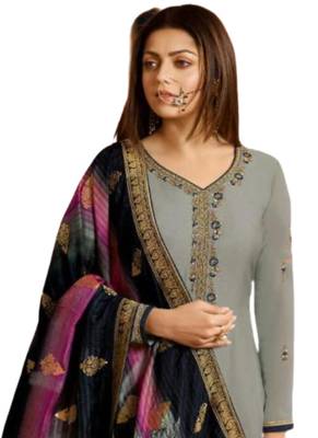Grey Embroidered Georgette semi stitched sawlar with dupatta 3
