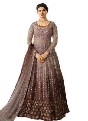 Grey Embroidered Net semi stitched sawlar with dupatta 1