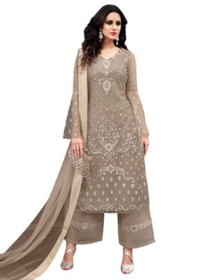 Grey Embroidered Net semi stitched sawlar with dupatta 1