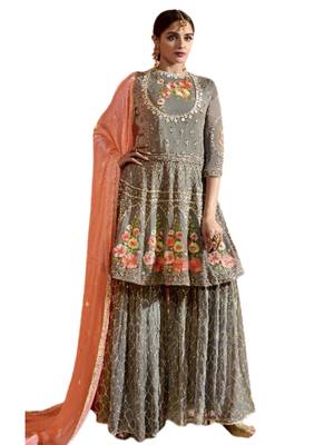 Grey Embroidered Net semi stitched sawlar with dupatta 1
