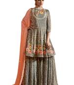 Grey Embroidered Net semi stitched sawlar with dupatta