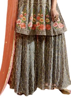 Grey Embroidered Net semi stitched sawlar with dupatta 2