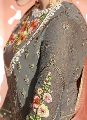 Grey Embroidered Net semi stitched sawlar with dupatta 3