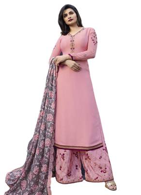 Light pink Embroidered Art Silk semi stitched sawlar with dupatta 1