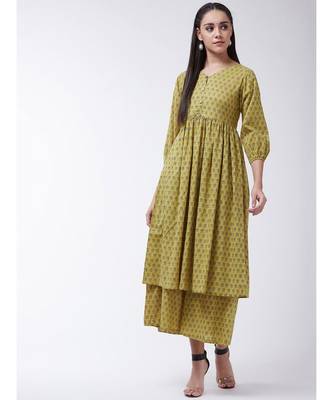 Yellow Printed Cotton Flared Kurta 1