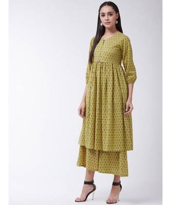 Yellow Printed Cotton Flared Kurta 3