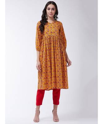 Yellow Printed Cotton Flared Kurta 1