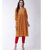 Yellow Printed Cotton Flared Kurta
