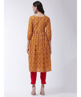 Yellow Printed Cotton Flared Kurta 2