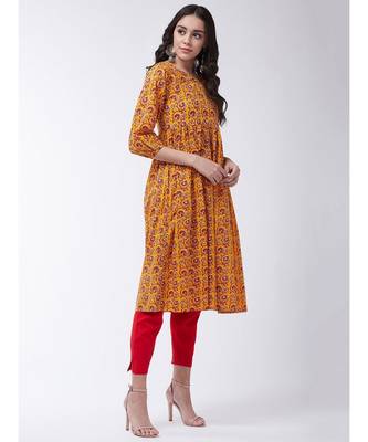 Yellow Printed Cotton Flared Kurta 3