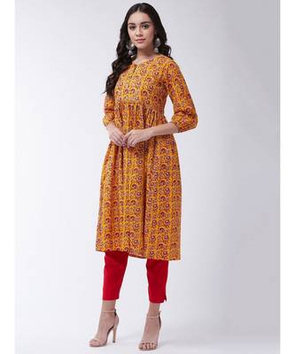 Yellow Printed Cotton Flared Kurta 4