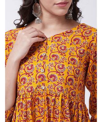 Yellow Printed Cotton Flared Kurta 5