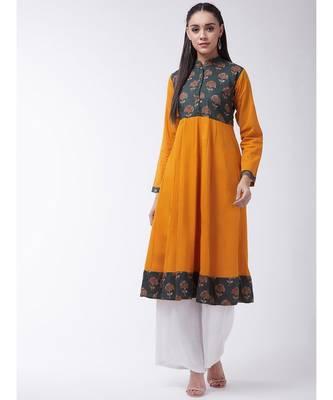 Yellow Printed Cotton Flared Kurta 1
