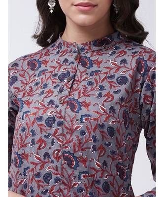 Grey Printed Cotton Flared Kurta 5