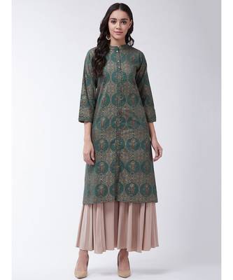 Olive Printed Cotton Flared Kurta 1
