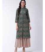 Olive Printed Cotton Flared Kurta