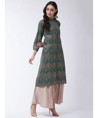 Olive Printed Cotton Flared Kurta 4
