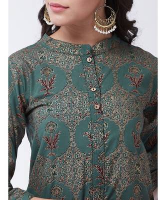 Olive Printed Cotton Flared Kurta 5