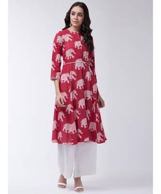 Red Printed Cotton Flared Kurta 1