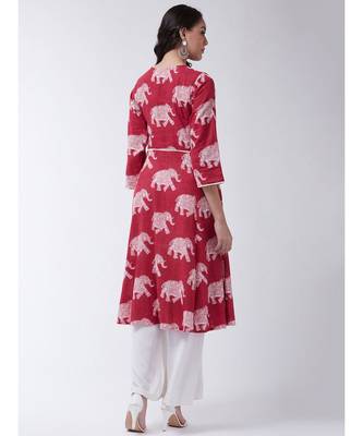 Red Printed Cotton Flared Kurta 2